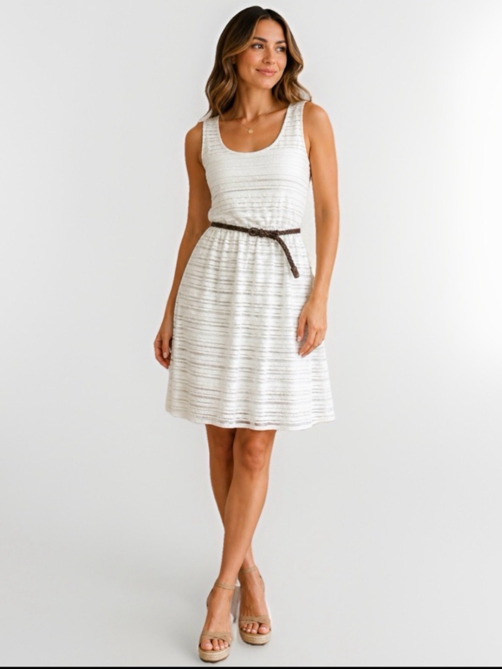 As U Wish White Striped Linen Blend Midi Dress Belted S